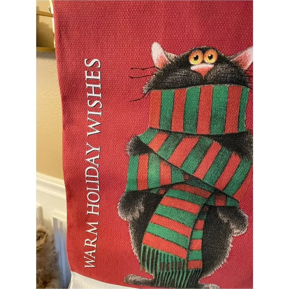 Fiddler's Elbow Red Holiday Kitchen Towel with Cat in Green & Red Scarf
